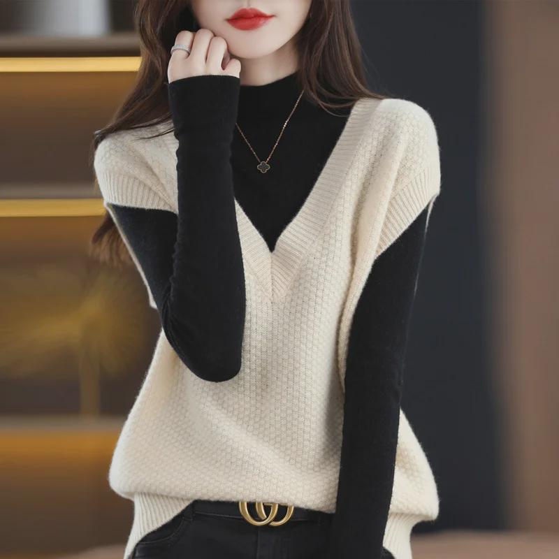 Женский мягкий вощеный трикотажный жилет - весна 2023 года, свитер с V-образным вырезом, жилет для весны и осени