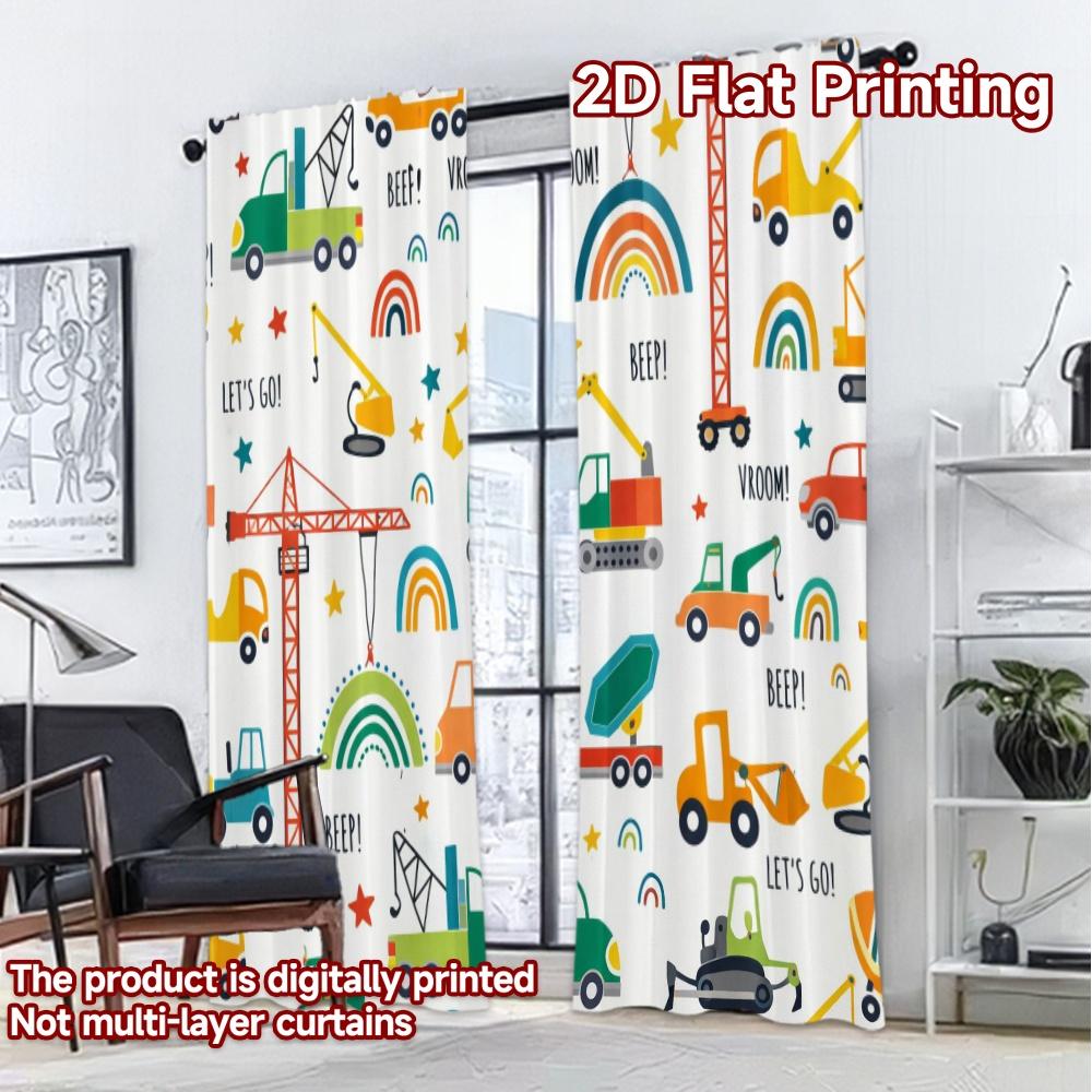 2D FLAT PRINTING 2pcs Curtains (Without Rod) Construction Vehicles and Rainbows Popular Minimalist Curtains Fabric Curtains Gift