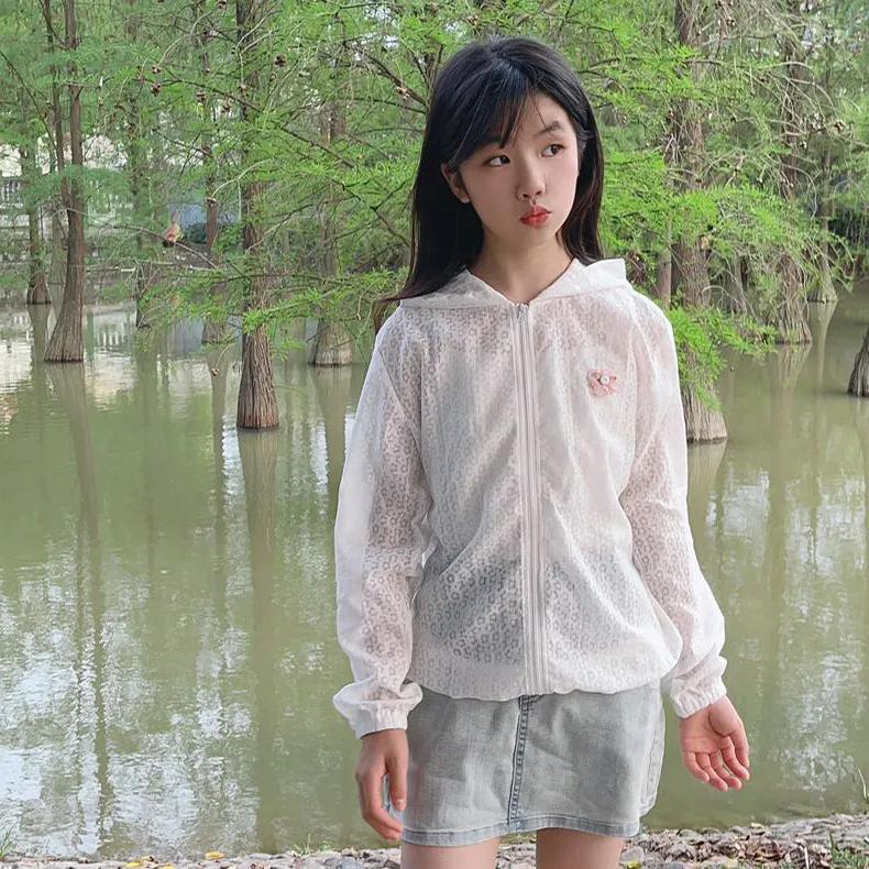 Girls' Outerwear Summer Children's Sun Protection Clothes Thin Hollowed Out Baby Hooded Top