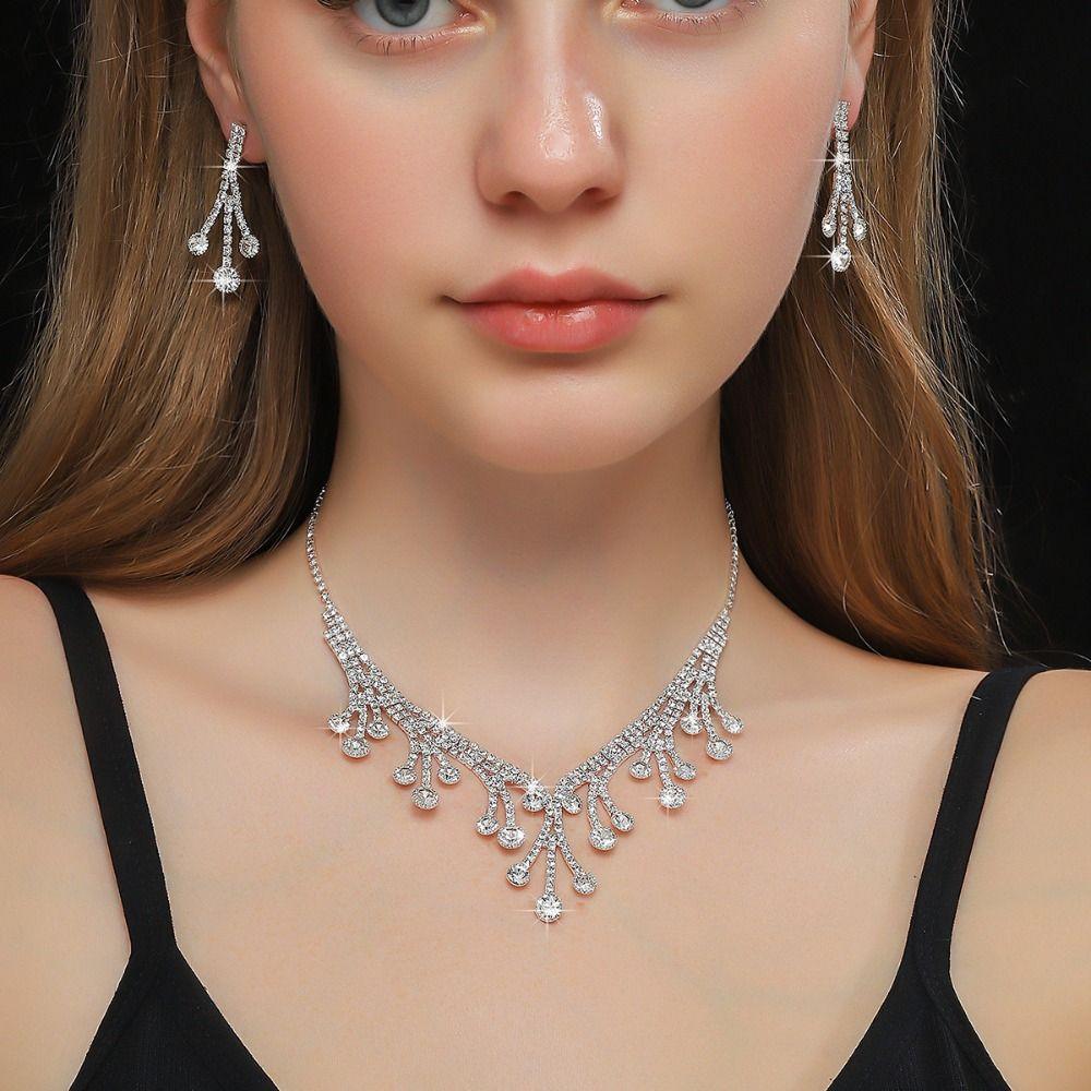 Shining Earrings Claw Chain Necklace Bridal Crystal Jewelry Set  Banquet