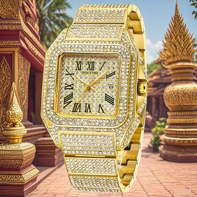 Часы мужские квадратные бриллиантовые роскошные золотые часы Iced Out с большим циферблатом кварцевые наручные часы для бизнеса