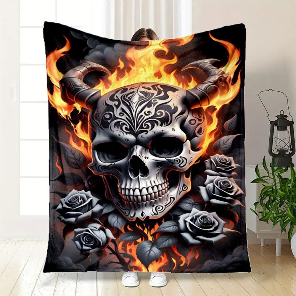 "Flaming Devil Skull with Roses Wall Art Print"Blanket Flannel Throw Blanket for Sofa, Bed, Travel, Camping, Office, Couch, Chair, And Bed G