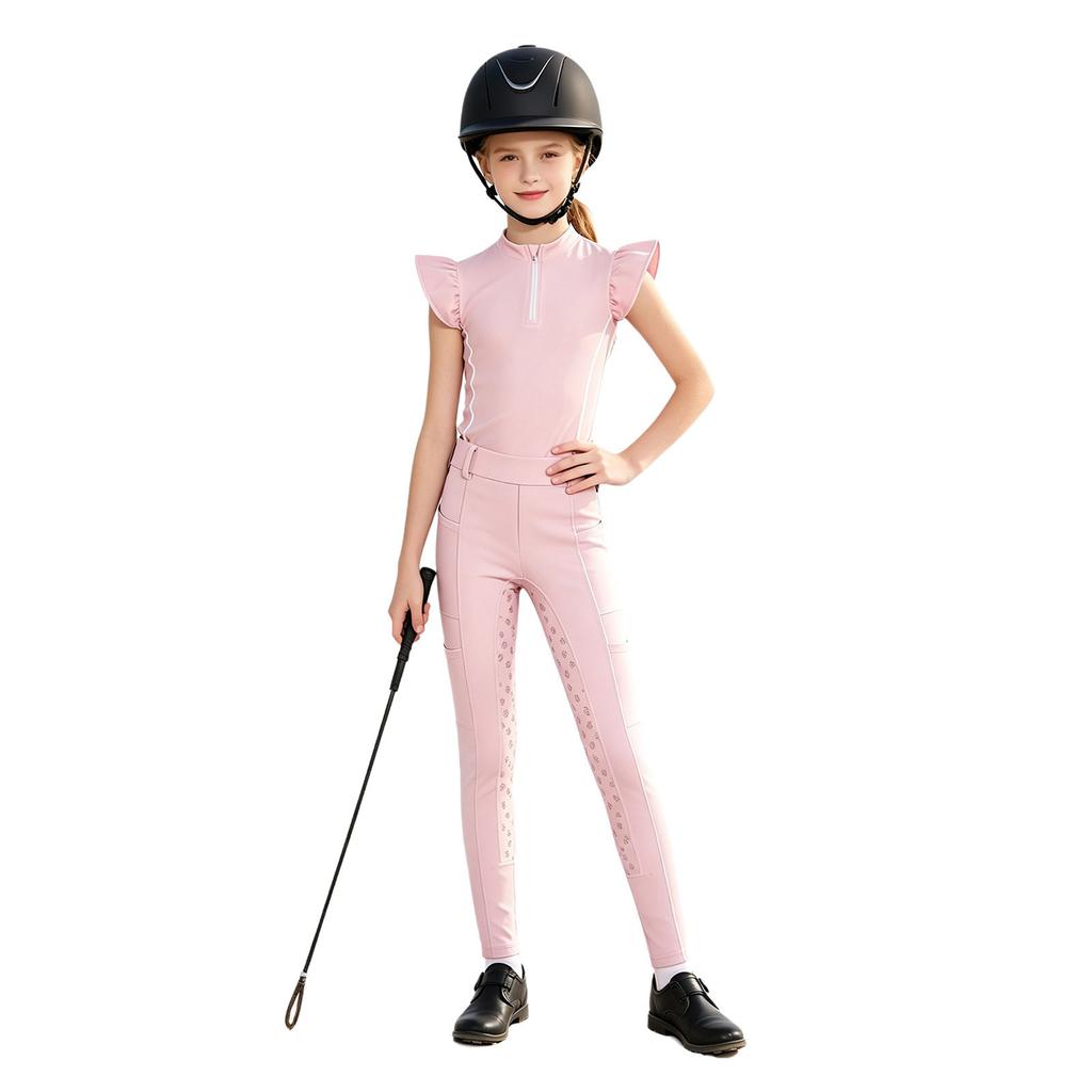 Girls Equestrian Riding Zip Up Stand Collar Ruffled Sleeves Contrast Trim Top Anti Slip Full Seat Breeches Outfit