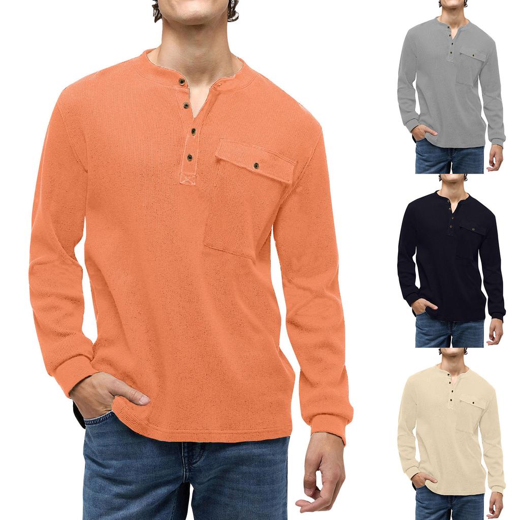 Men'S Button Up Round Neck Top Solid Color Long Sleeved Sports Fashion T-Shirt