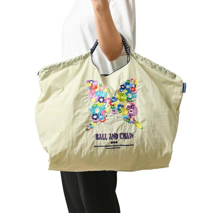 Eco-Friendly Embroidered Nylon Shopping Bag with Butterfly and Flower Designs, Convertible Hand-Held/Shoulder Style.