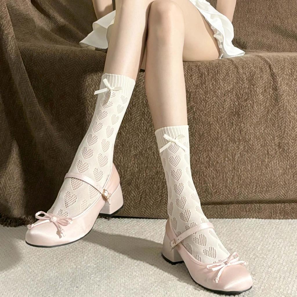 Lolita Lace Frill Mid-Calf Socks with Bow Ribbon - White Ballet Style JK Knee-Highs for Spring & Autumn
