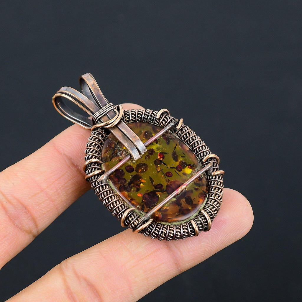 Балтийский Янтарный Драгоценный Камень Чистая Медная Проволока Обернутая Ювелирные Изделия Кулон Ручной Работы
