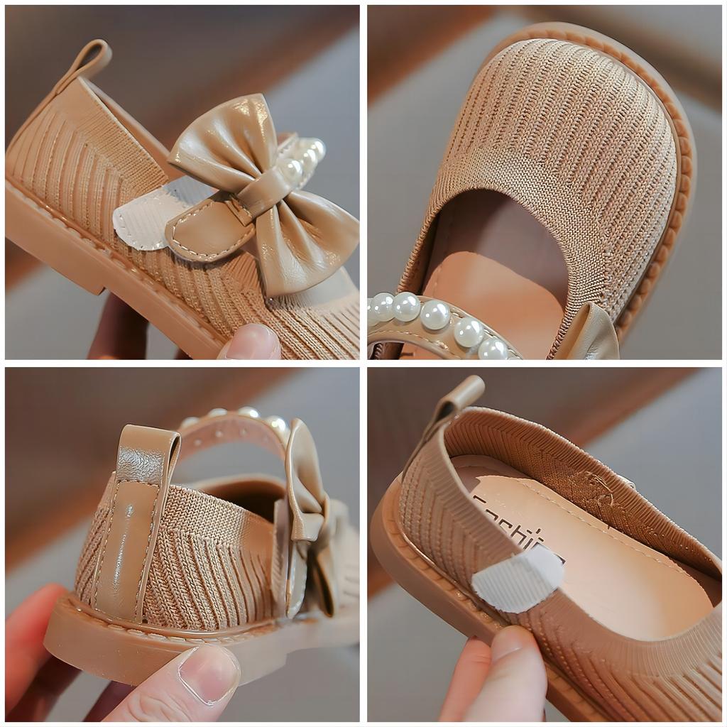 New Girl Princess Knitted Shoes Chic Versatile Soft Elegant Fashion Bowknot Beading Kid Loafers Wedding Slip-on Mary Jane H03256