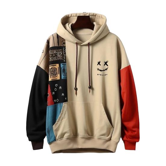 Мужское худи на осень-зиму, свободного кроя, с длинными рукавами, в цветовой блок, с большим накладным карманом
