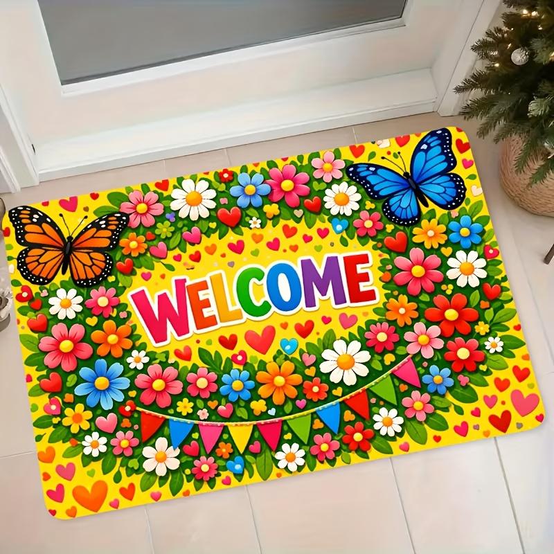 1pc Flannel Mat Colorful Floral Butterfly WELCOME Pattern Door Mat Bathroom Bedroom Non-Slip Water-Absorbing Foot Mat Home Entrance Floor Mat