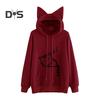 Women Fall Winter Hoodie with Big Pocket Cat Ear Decor Kitty Printing Hooded Full Sleeves Loose Pullover Home School Sport Top