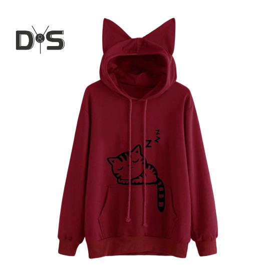 Women Fall Winter Hoodie with Big Pocket Cat Ear Decor Kitty Printing Hooded Full Sleeves Loose Pullover Home School Sport Top