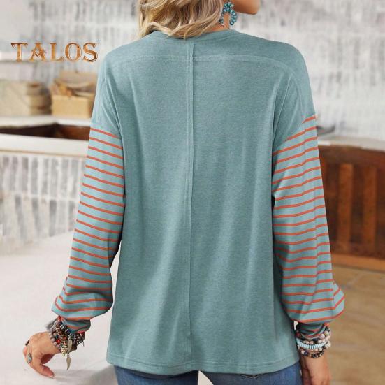 Женская футболка с круглым вырезом и длинным рукавом в полоску контрастного цвета свободного кроя, эластичная дышащая футболка-пуловер