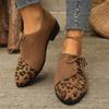 Fashion Women's Fashion Coarse Heel Shoes Autumn New Round Head Suede Leopard Print Front Lace-up Anti-slip Wear-resistant Low-top Shoes
