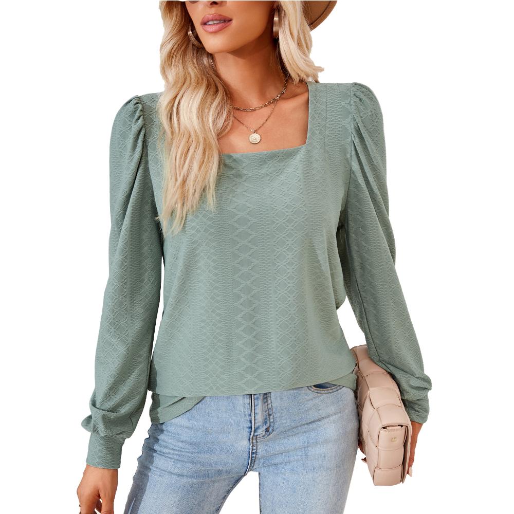 Весенне-осенняя женская блузка с квадратным вырезом, однотонный плиссированный свободный топ с длинными рукавами