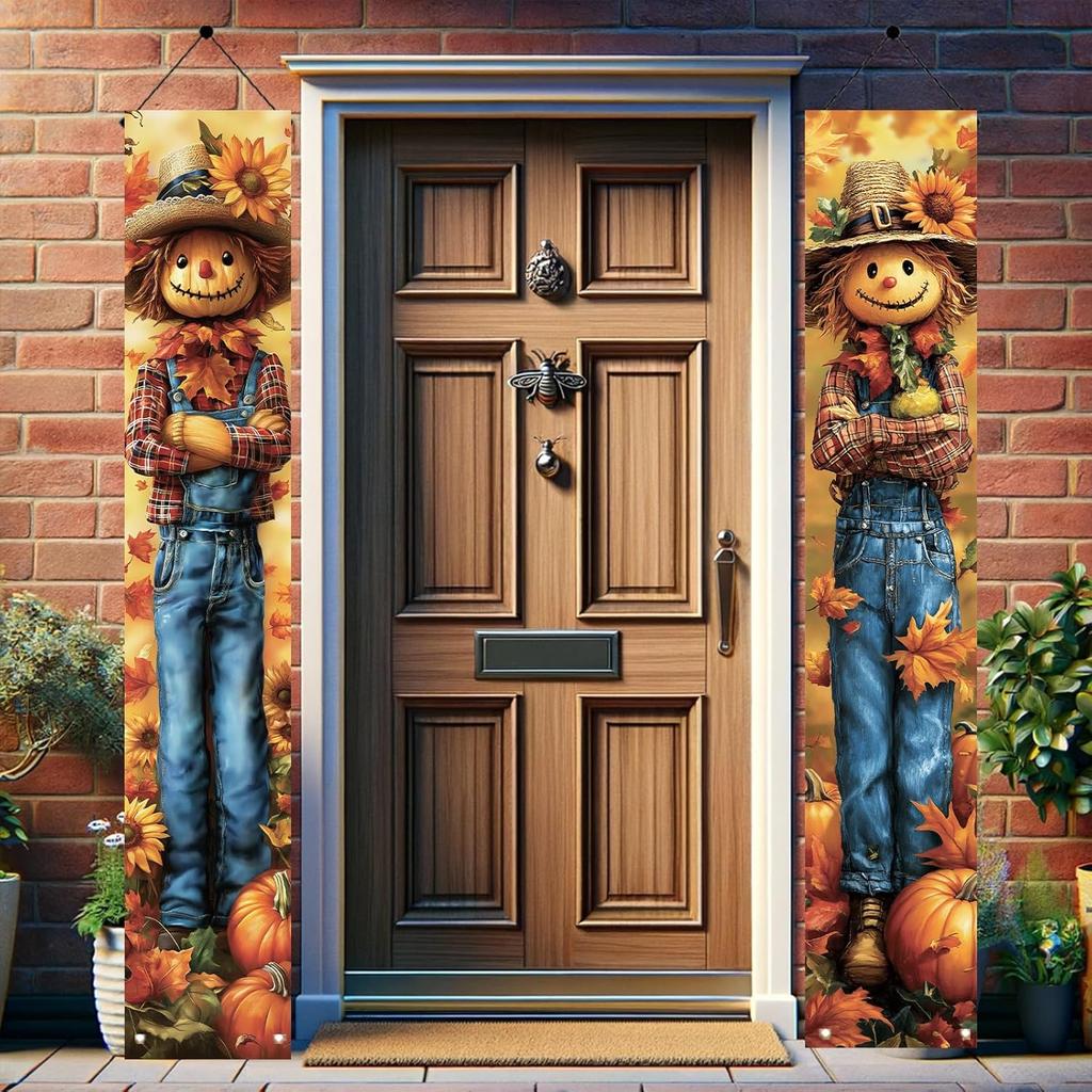 2PCS Fall Porch Sign Scarecrow Porch Banner Autumn Harvest Door Decoration Thanksgiving Front Door Decor Rustic Farmhouse Vertical Outdoor Hanging