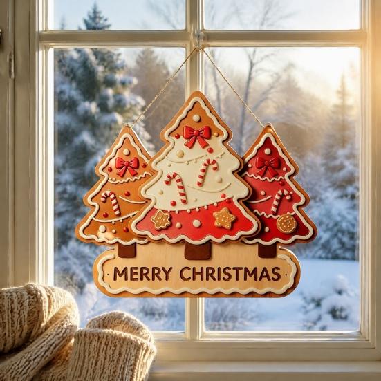 Winter Festive Home Decorations Christmas Wooden Sign Hanging Ornament, Multi-Layer Tree Wood Plaque Rustic Holiday Wall Decor with Rope, Merry