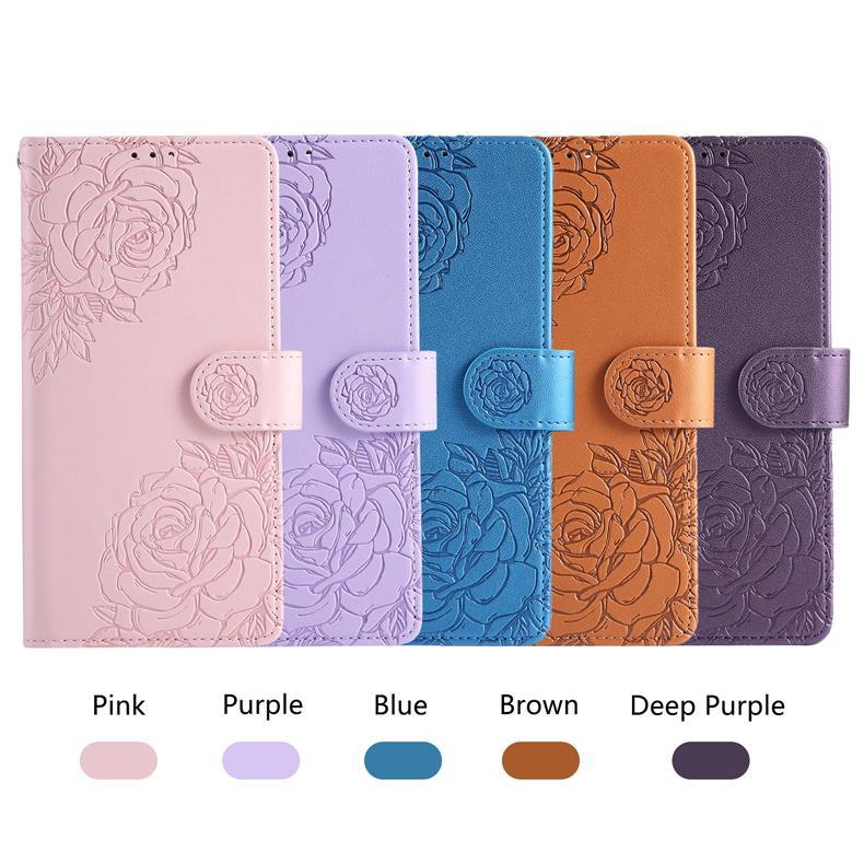 Suitable for Apple 17 Pro Max rose flower phone case, iPhone 16 embossed three-card flip cover, 15 protective case