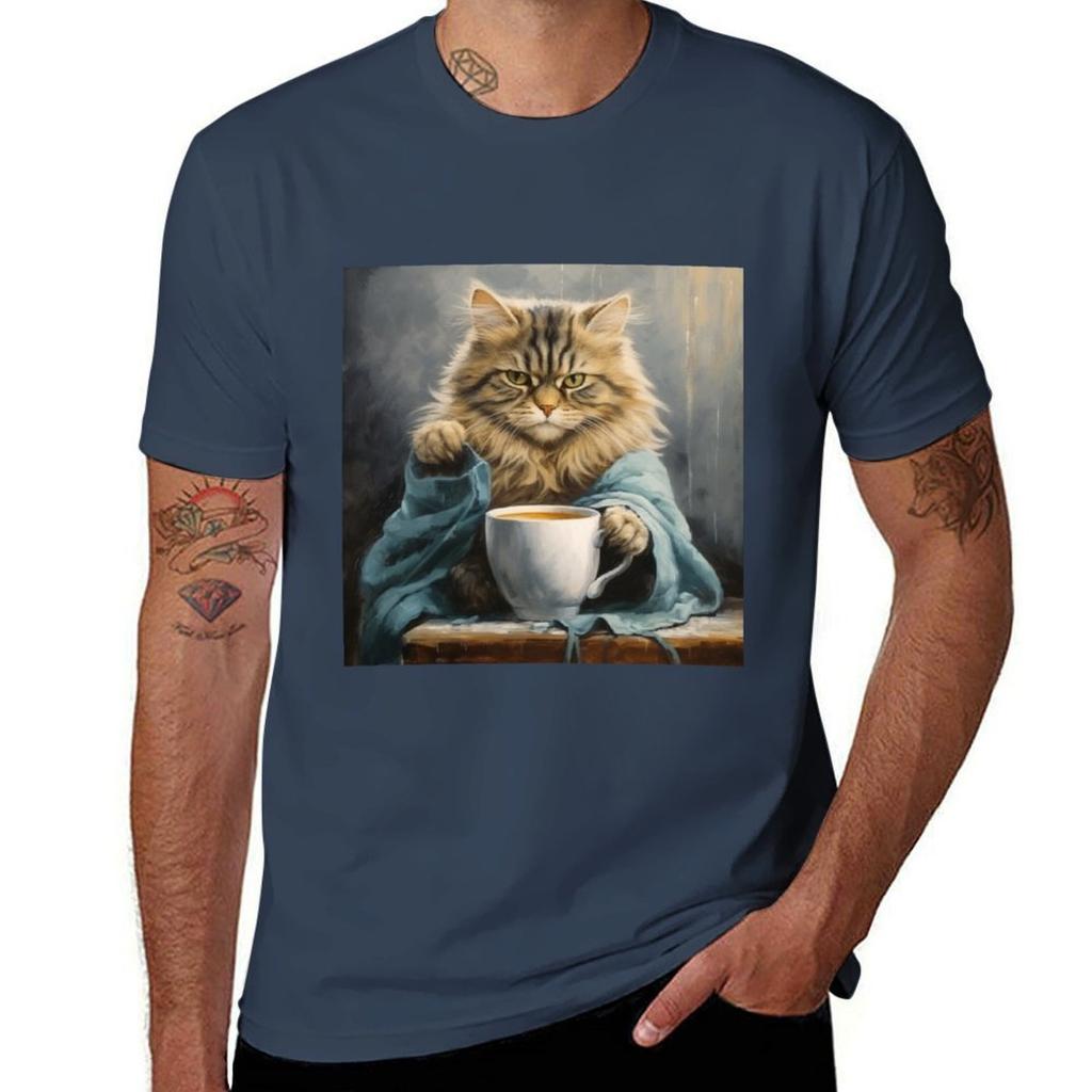 Coffee Drinking Cat Tshirt Labor Work Casual Tshirt