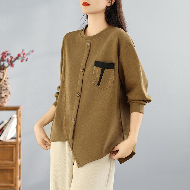 DIMANAF 2025 Осень Футболка больших размеров женская с длинным рукавом с круглым вырезом свободная однотонная топы футболки хлопок