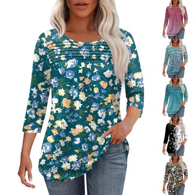 Женская мода круглый вырез горловины плиссированная передняя планка топ рукав 3/4