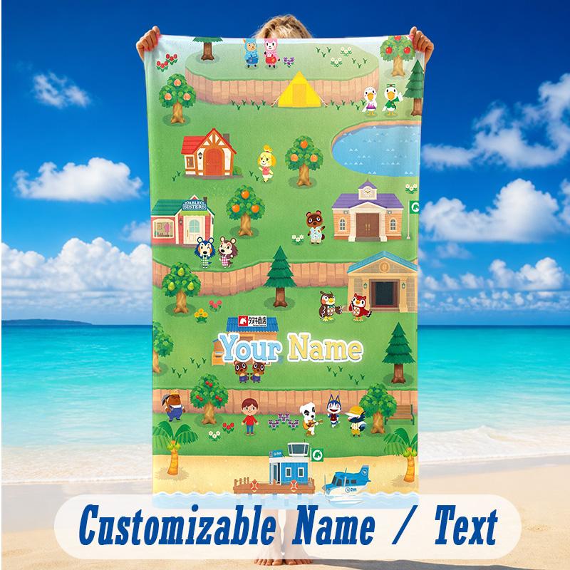 Beach Towel Custom Name Text, Quick Dry Large Towel For Beach HomeAnimal Crossing