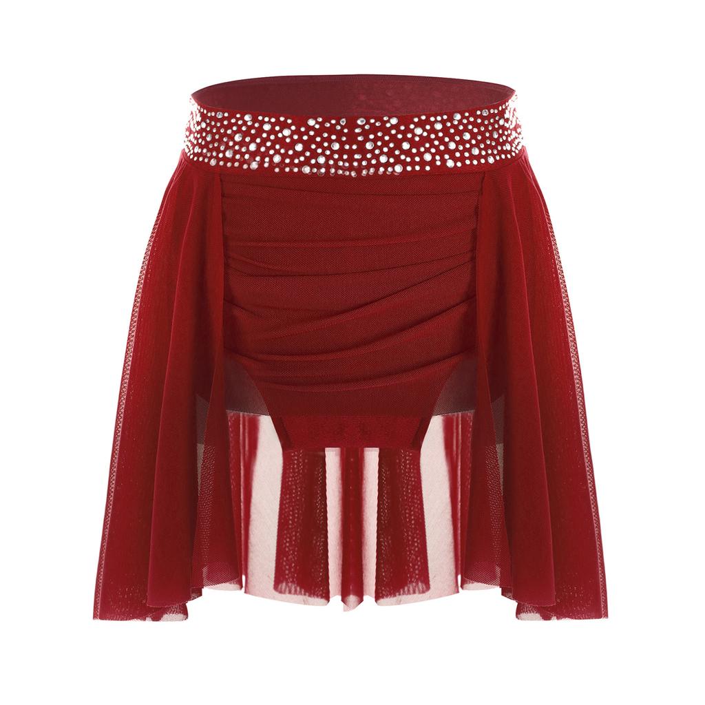 Girls Ruched Irregular Dance Skirt Sparkly Rhinestones Elastic Waistband Built-in Briefs Skirt