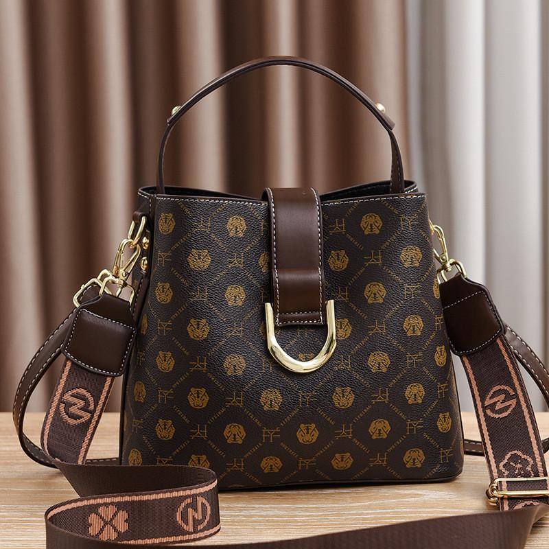 Stylish Vintage Ladies Bucket Bag With Floral Print In Coffee Beige And Earthy Yellow Colors