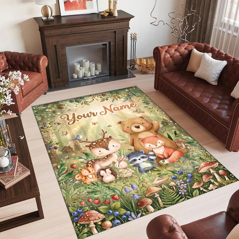 Forest Nature Theme Crystal Velvet Rug Personalized Custom Name Text Soft Floor Mat Home Decor