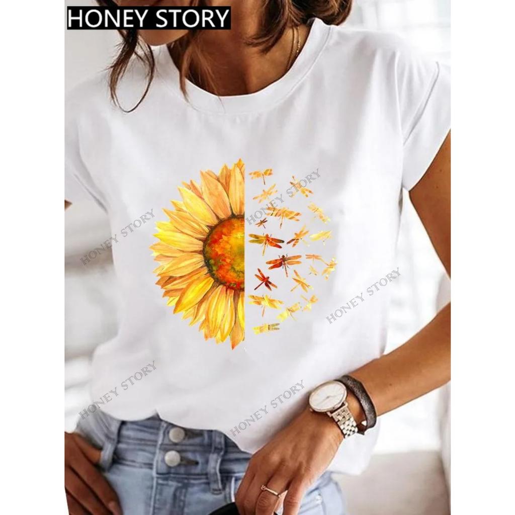 Dragonfly Butterfly Print Blouse Loose Women's Short-sleeved T-shirt Round Neck Casual Fashion Daily