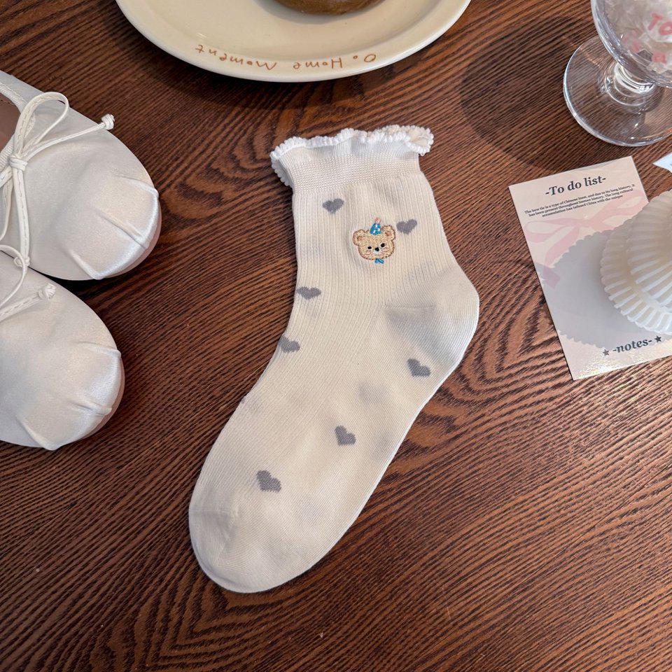 Korean Style Cartoon Puppy Embroidered Mesh Ruffle Socks for Girls, Breathable Mid-Calf Length