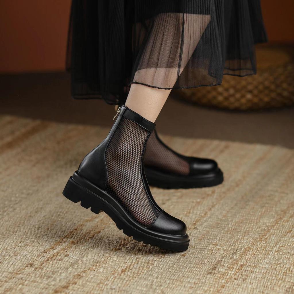 Летние ботинки из натуральной кожи. Дышащие женские сандалии. Тонкие сетчатые сапоги. Мягкая подошва средней длины. Классные французские полые ботинки. Одинарные ботинки.