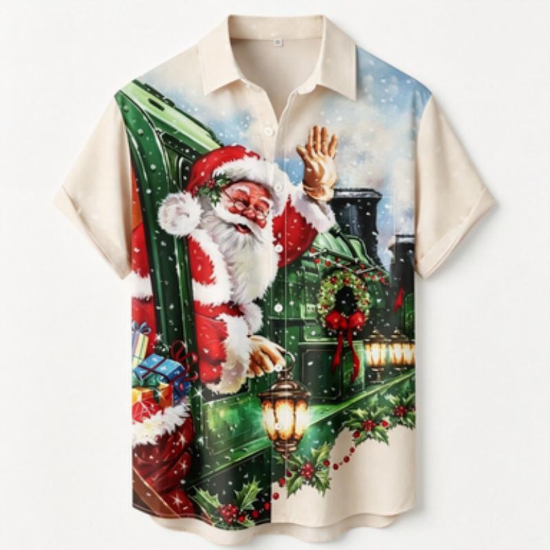 Men's short sleeved shirt Christmas train Santa Claus printed short sleeved shirt Business casual men's holiday painted printed