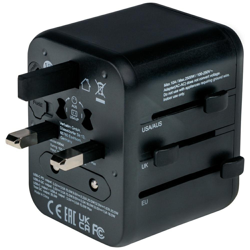 Verbatim Adapter Podróżny Eu/Uk/Us2Xusb-A/Usb-C Pd 20W Uta-02 Czarny/Black 49544