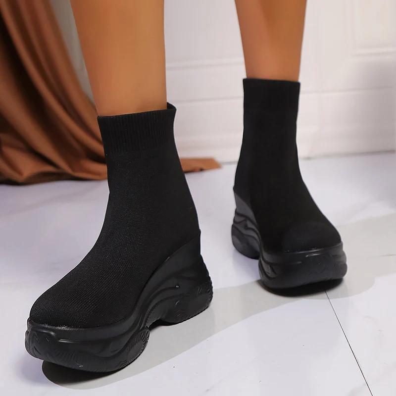 Модные вязаные кроссовки на массивной платформе для женщин, высокие, удобные спортивные туфли, женские, на толстой подошве, эластичные, слипоны, носки-кроссовки