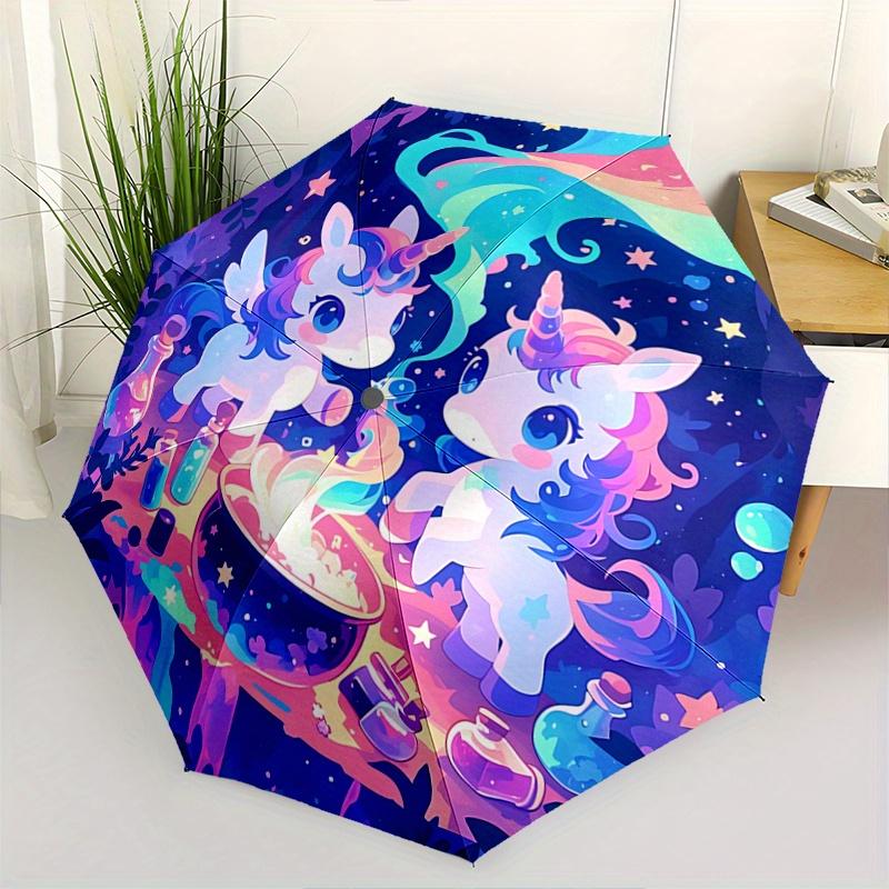 1pc Magic Potion Two Unicorns Cartoon Umbrella, Portable 3-Fold Compact Umbrella, Suitable for Camping, Hiking and Travel, Ideal Easter Birthday