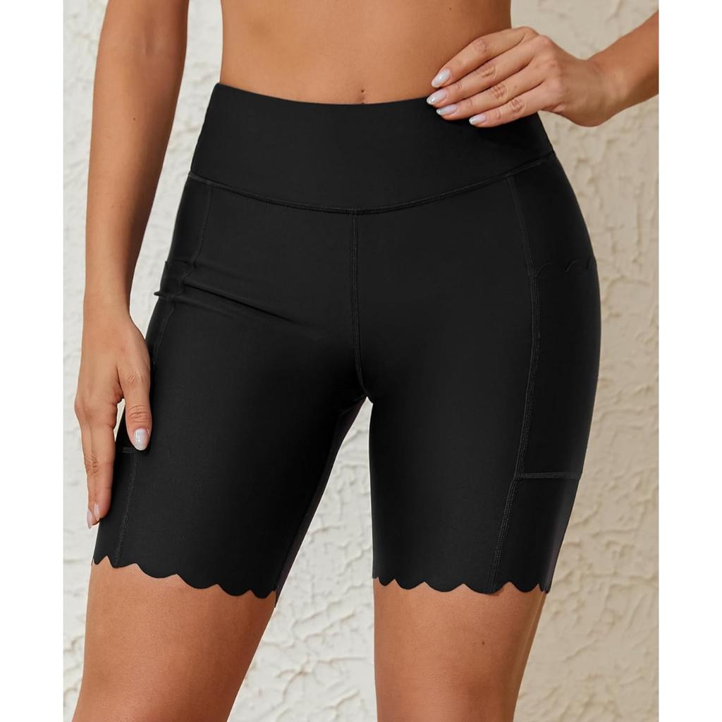 CHARMLEAKS Women's High Waisted Swim Shorts with Pockets Plus Size Bathing Suit Bottoms Long Board Shorts