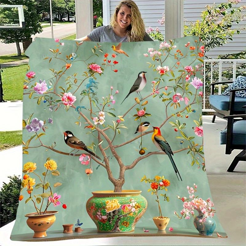 Charming Green Floral & Bird Print Fleece Blanket - Soft, All-Season Comfort, Machine Washable, 100% Polyester for Home Decor & Travel