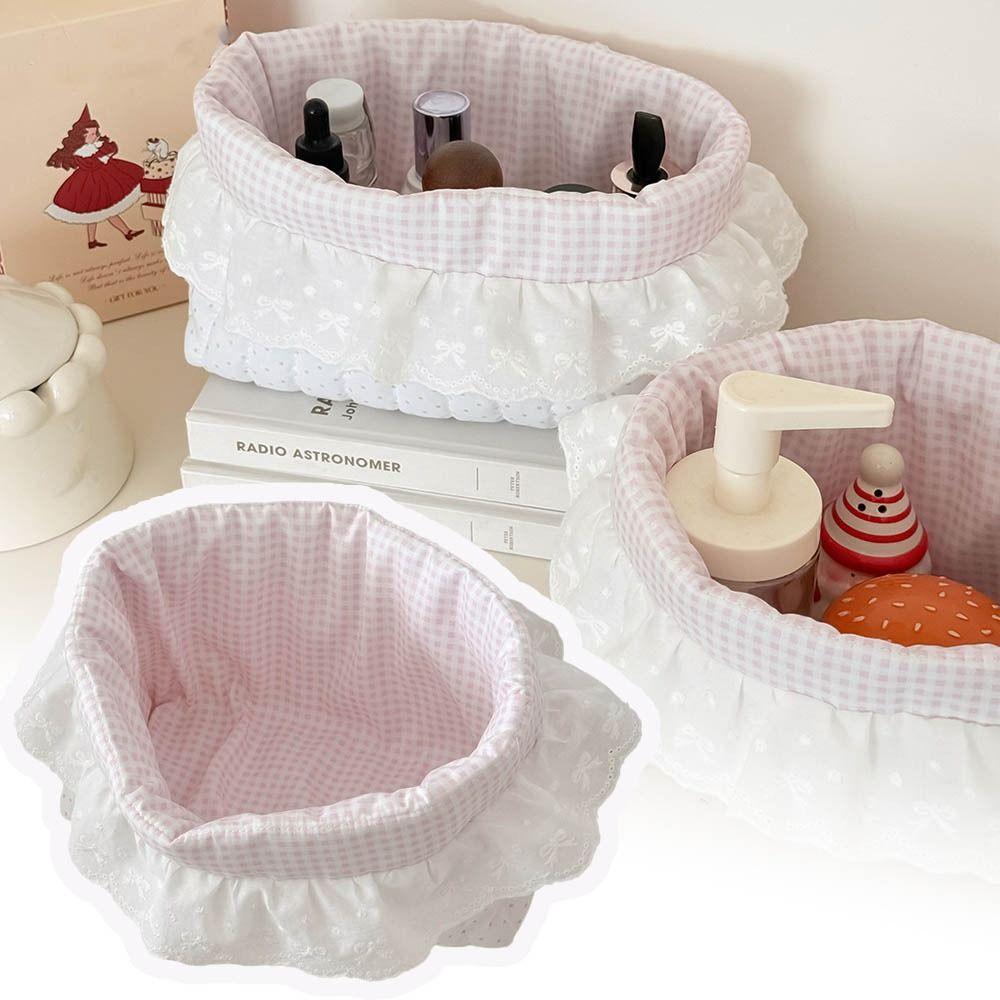 Cute Quilting Cotton Cloth Storage Basket Oval Lace Storage Box Foldable Pink Dots Organizer Box Organizer