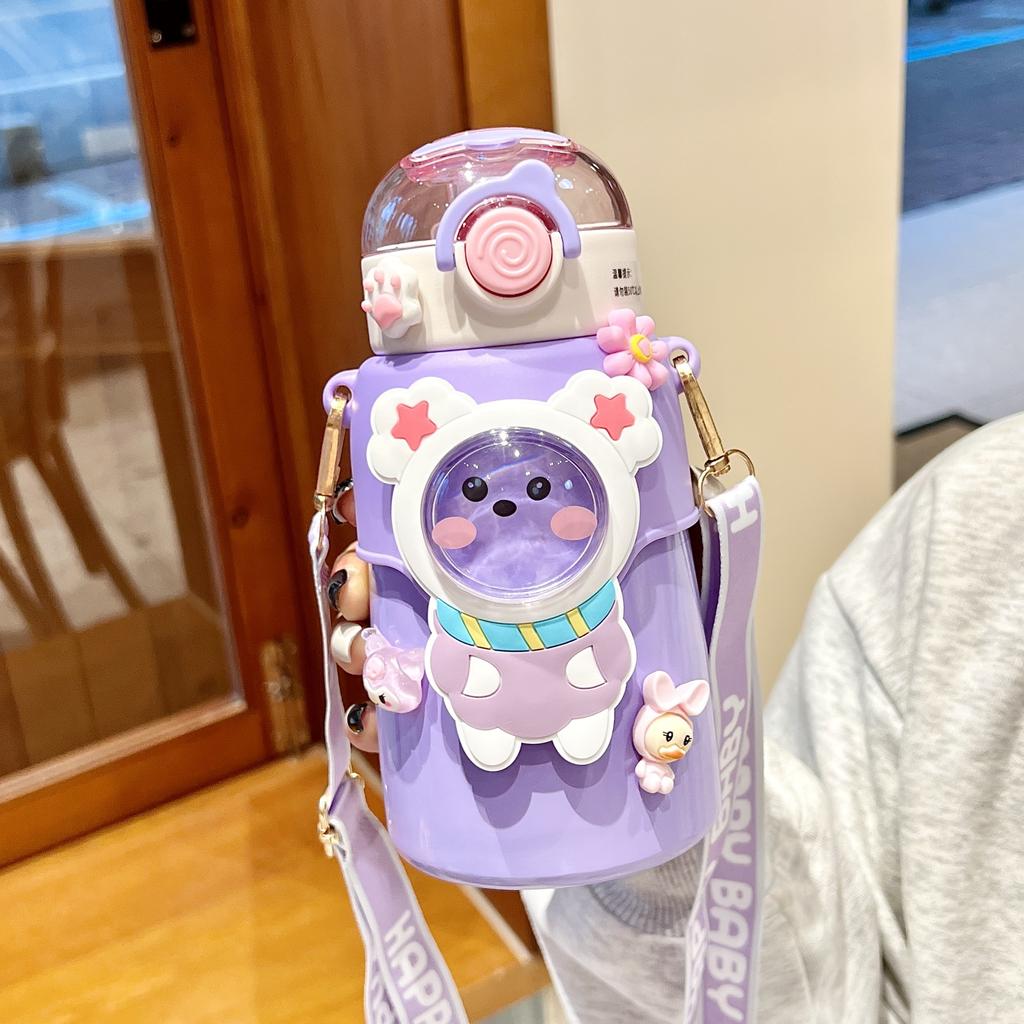 550 мл Очаровательная детская термокружка Мультяшная из нержавеющей стали Детская термобутылка для воды с трубочкой Легкая Школьная кружка-поилка