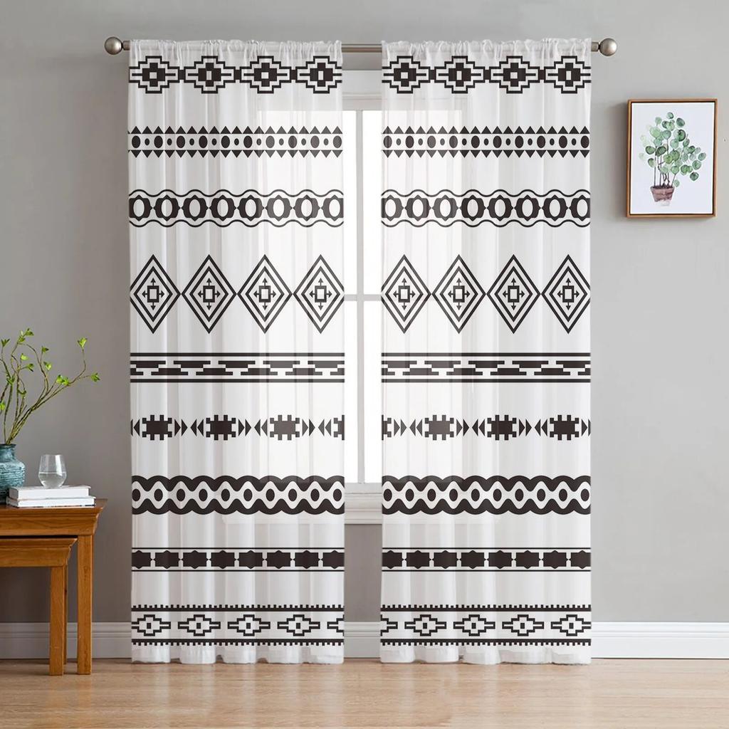 Черно-белые тюлевые шторы с неправильной геометрией для гостиной, спальни, декор, шифоновая прозрачная вуаль, кухонная оконная занавеска