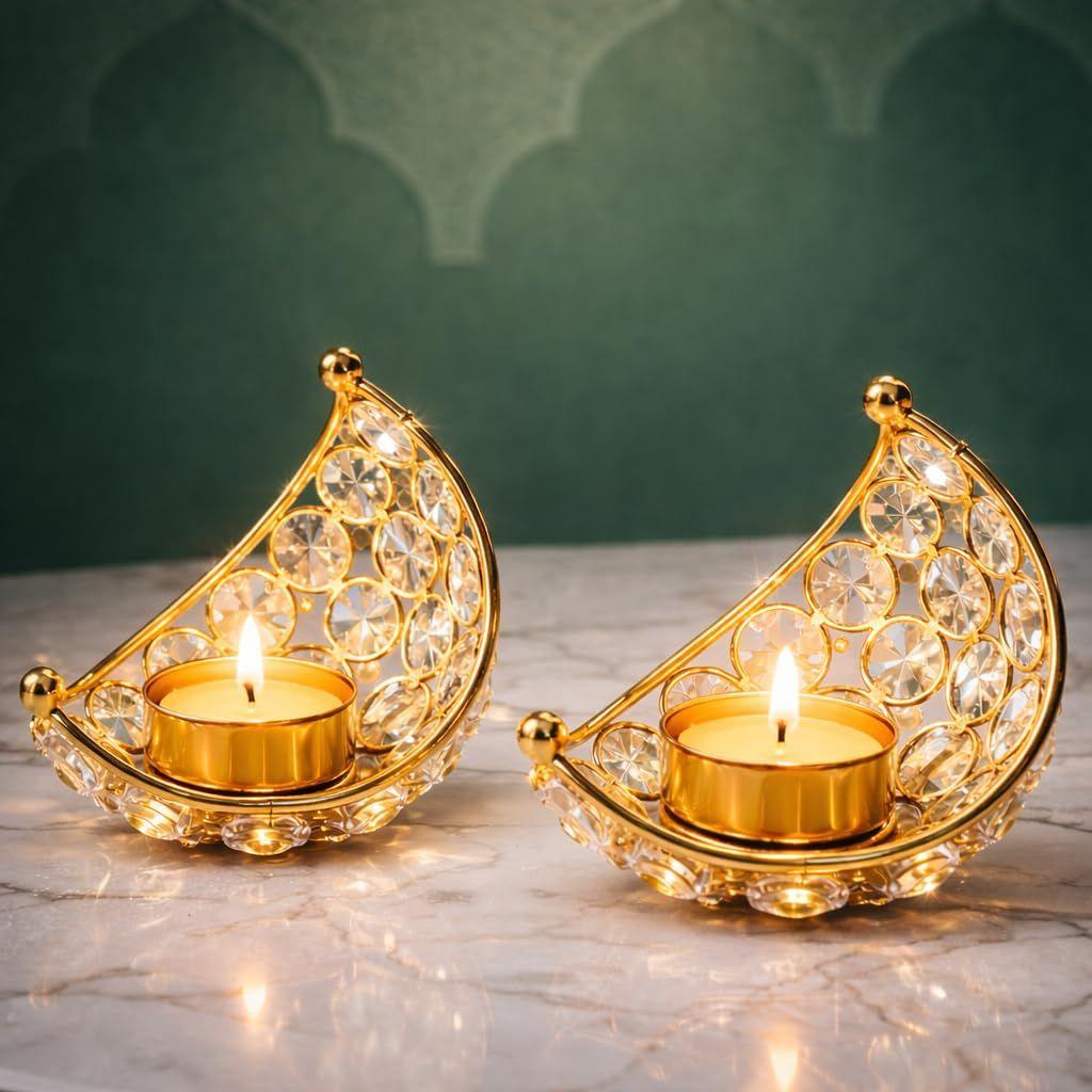 Candle Holder, Crystal Candle Holder, Metal Lanterns, Table Decoration for Wedding Party, Ramadan, Diwali Decoration (Pack of2))