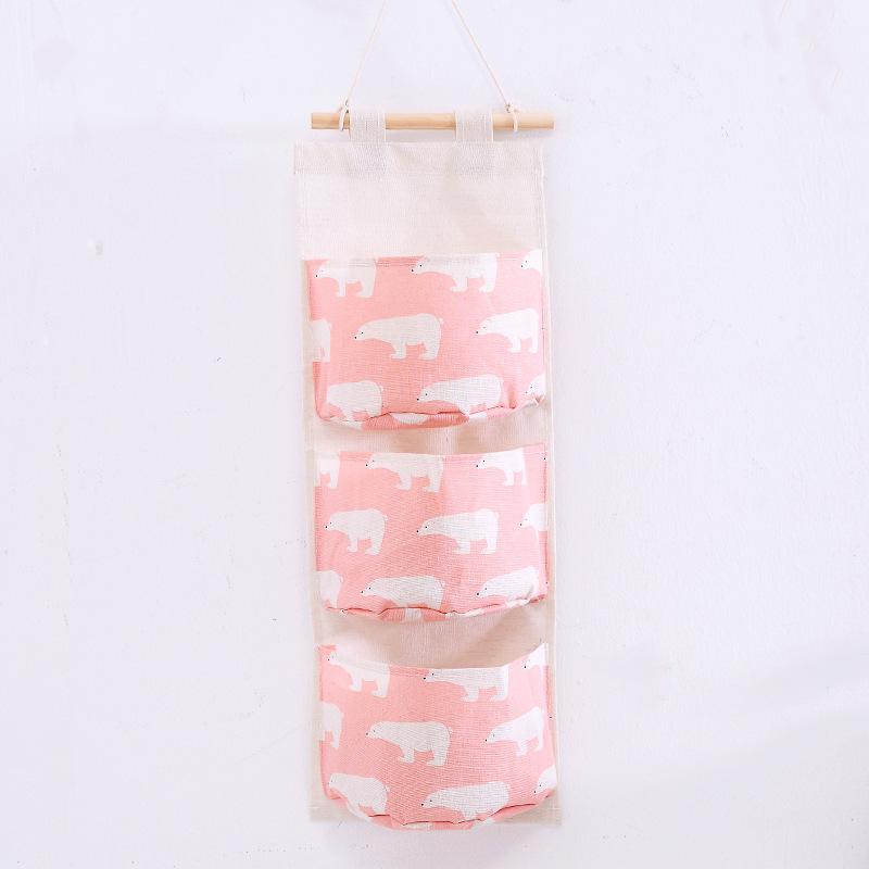 Three Pockets Hanging Wall Storage Bag Household Bedroom Living Room Kitchen Cotton Linen Storage Bag