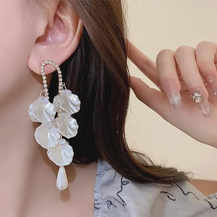 Silver Needle Pearl Flower Long Tassel Luxury Earrings