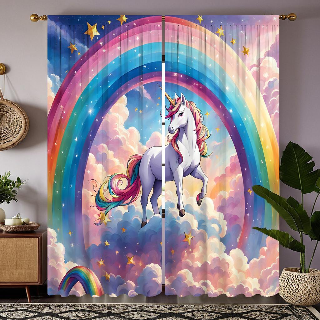2pcs  HD Cartoon Rainbow Unicorn Decorative Curtain Color Tie Digital Printed Curtain Home Decoration Style Decoration Living