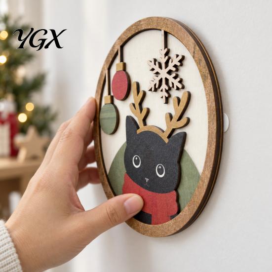Decorative Wooden Plaques Christmas Black Cat Wall Decor, Layered Hanging Sign, Round 2D Holiday Gift Ideas Flat Art Decoration for Living Room
