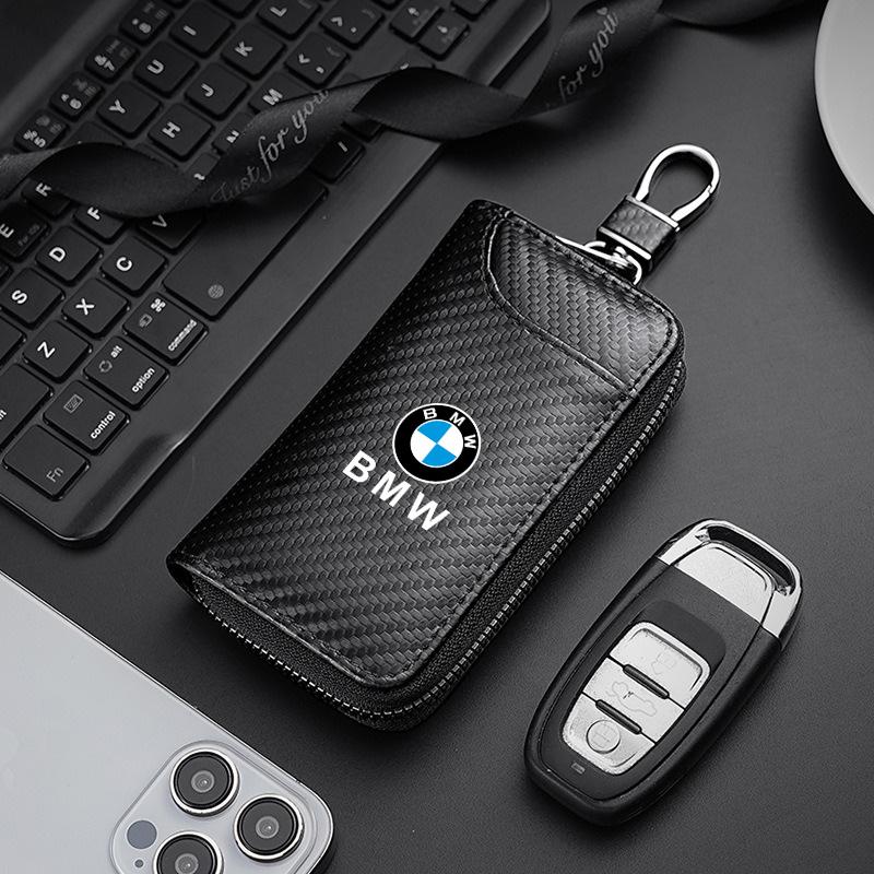BBJV7 Carbon Fiber Leather Wallet Car Remote Key Storage Zippers Bag For Bmw 50th Anniversary M E36 F20 E46 E90 E87 E34 X3 X5 X6 M2 M3