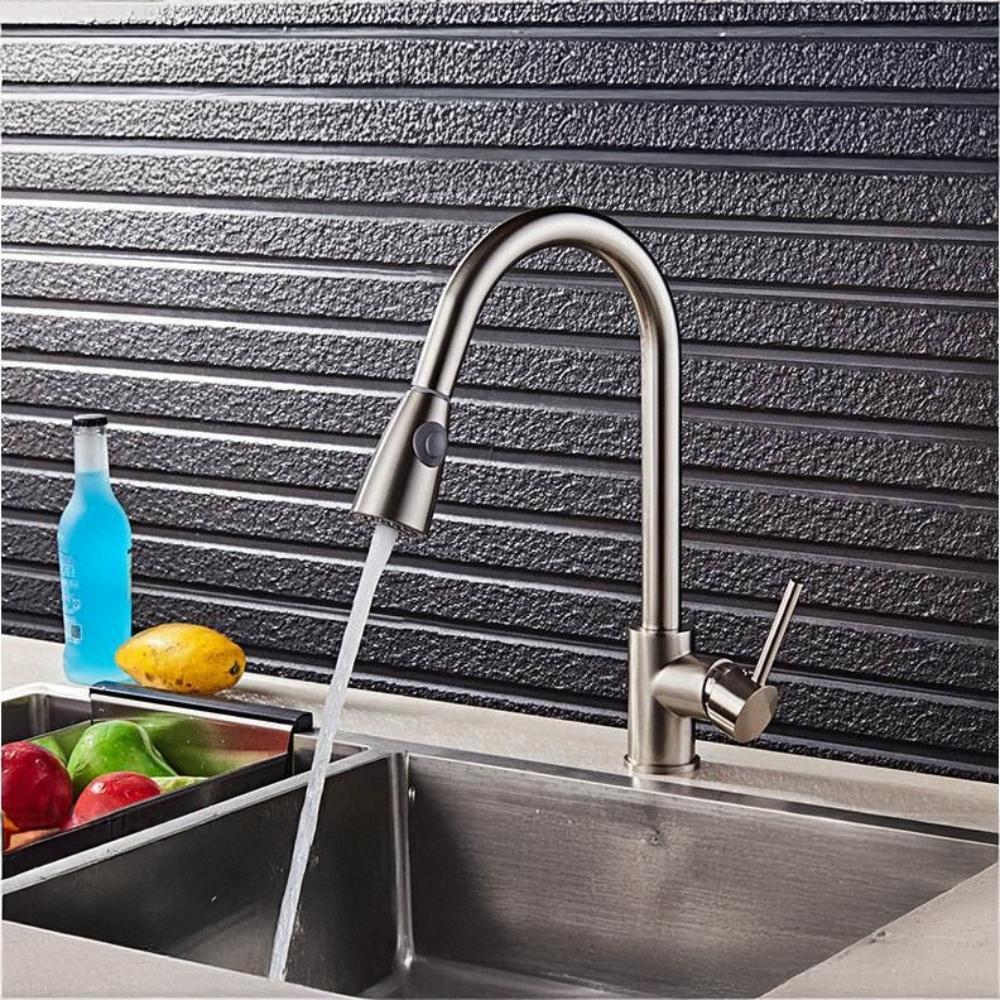 Kitchen tap with pull-out spout, stainless steel, flexible, movable, silver