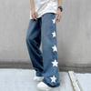 Men Jeans Wide Leg Straight Loose Star Print Full Length Solid Color Pockets Button Zipper Closure Soft Retro Streetwear Men Lon