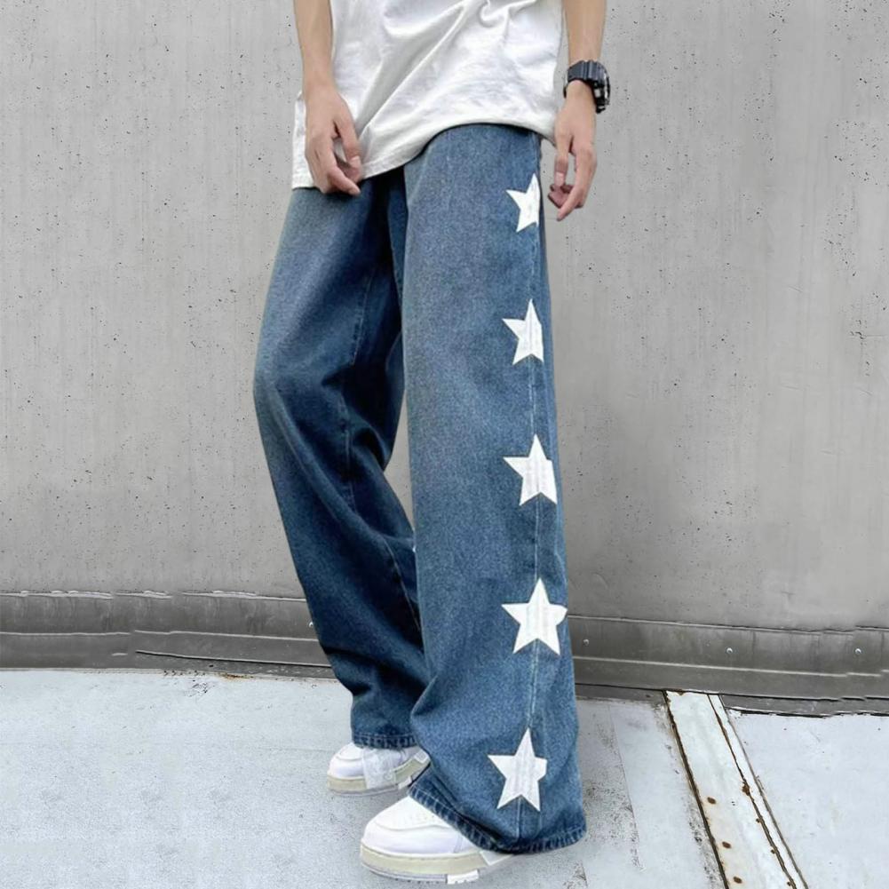Men Jeans Wide Leg Straight Loose Star Print Full Length Solid Color Pockets Button Zipper Closure Soft Retro Streetwear Men Lon